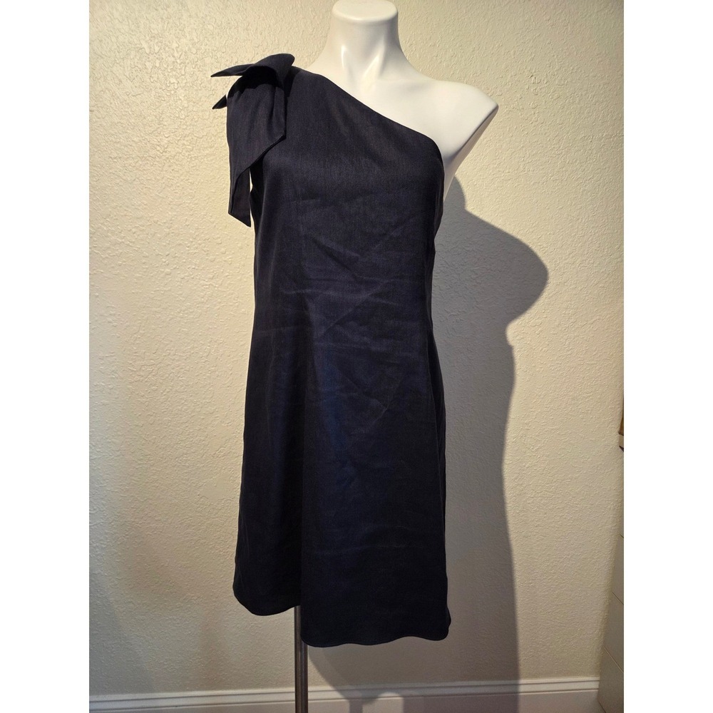 Antonio Melani Navy Blue One Shoulder Bow Shift Dress Size 12 Linen Blend